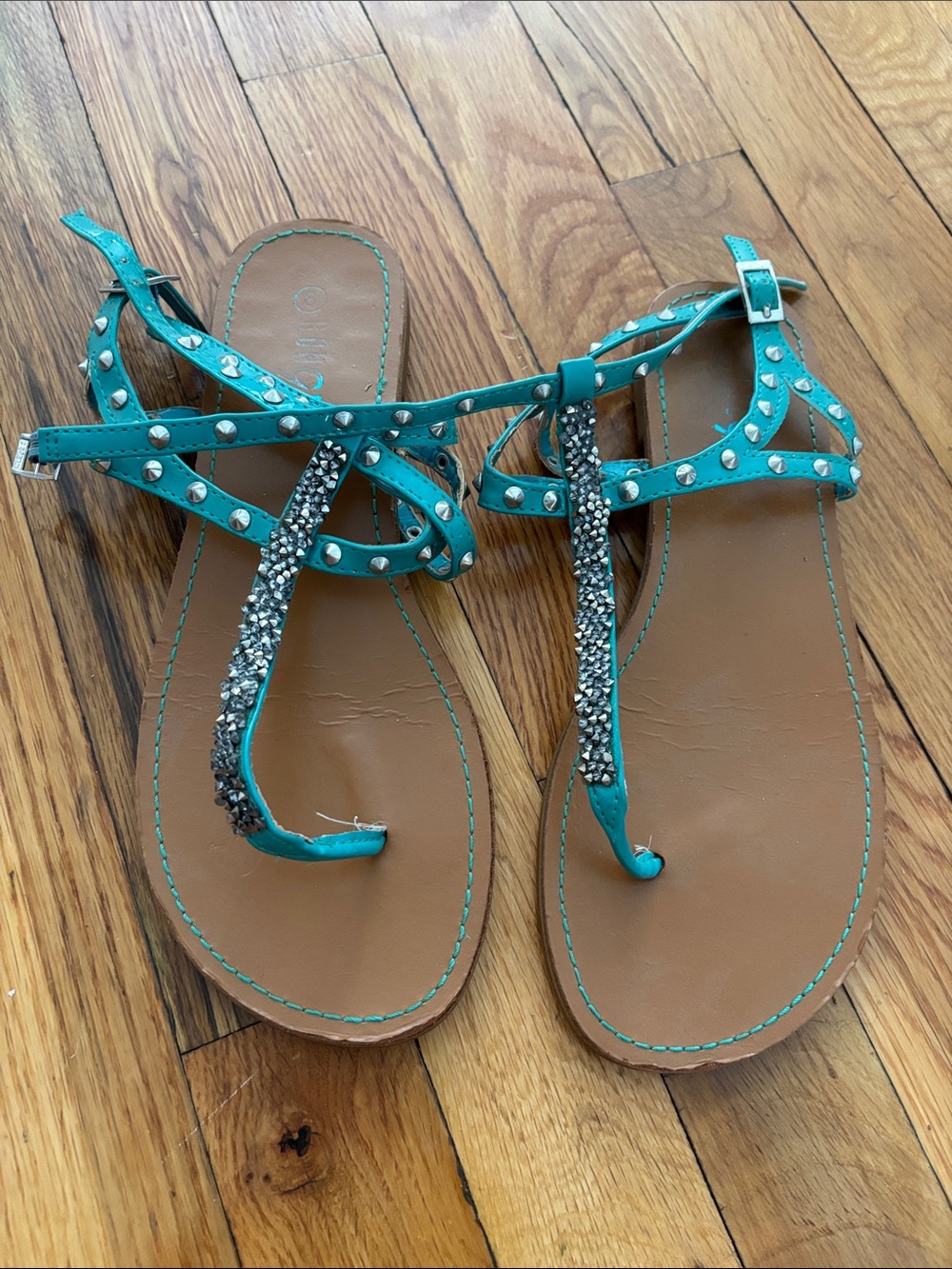 Rogue Teal Studded T-Strap Sandals with Rhinestone Accents